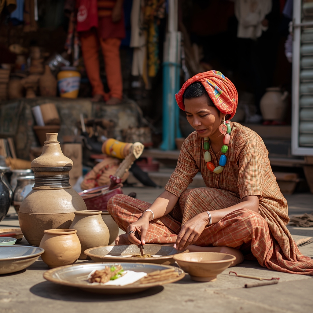 Generate from Nano Banana2: traditional artisan crafting pottery, cultural market scene, vibrant colors, authentic lifestyle